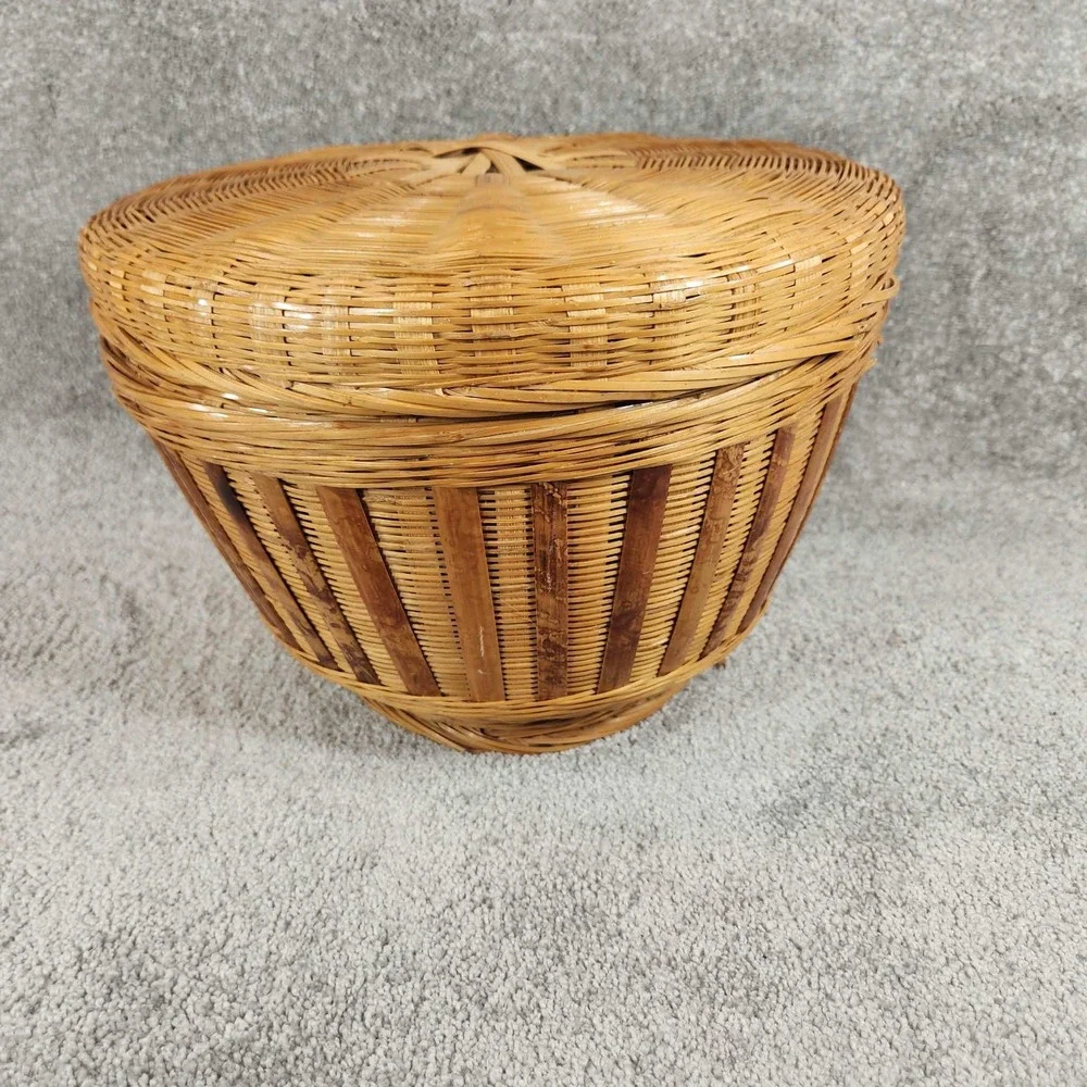 Woven Bamboo Basket Natural Tan Lidded Round Boho Storage Decor